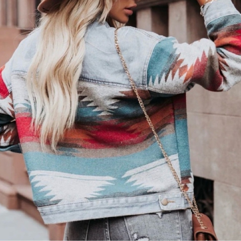 Boho Aztec Patchwork Denim Jacket - image 4
